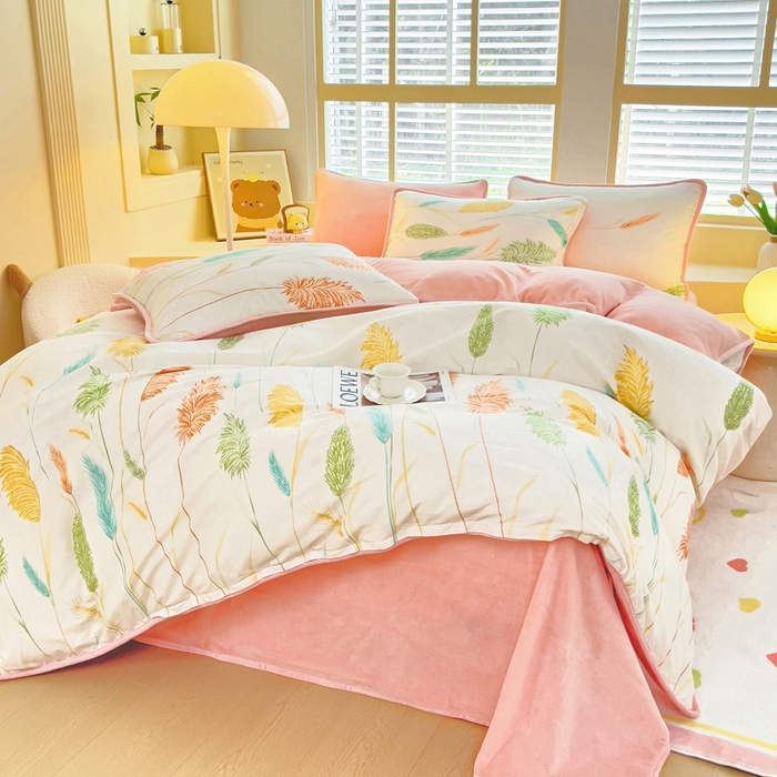 91家纺网 家纺一手货源 找家纺 琪琪阁家纺 2025新款A类全棉纯棉加牛奶绒包边款单被套四件套 麦穗飘香