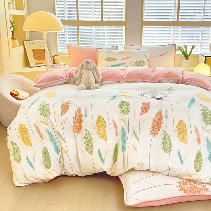 91家纺网 家纺一手货源 找家纺 琪琪阁家纺 2025新款A类全棉纯棉加牛奶绒包边款单被套四件套 麦穗飘香