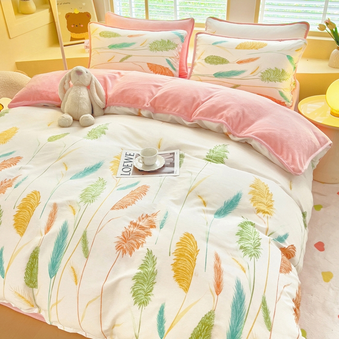 91家纺网 家纺一手货源 找家纺 琪琪阁家纺 2025新款A类全棉纯棉加牛奶绒包边款单被套四件套 麦穗飘香