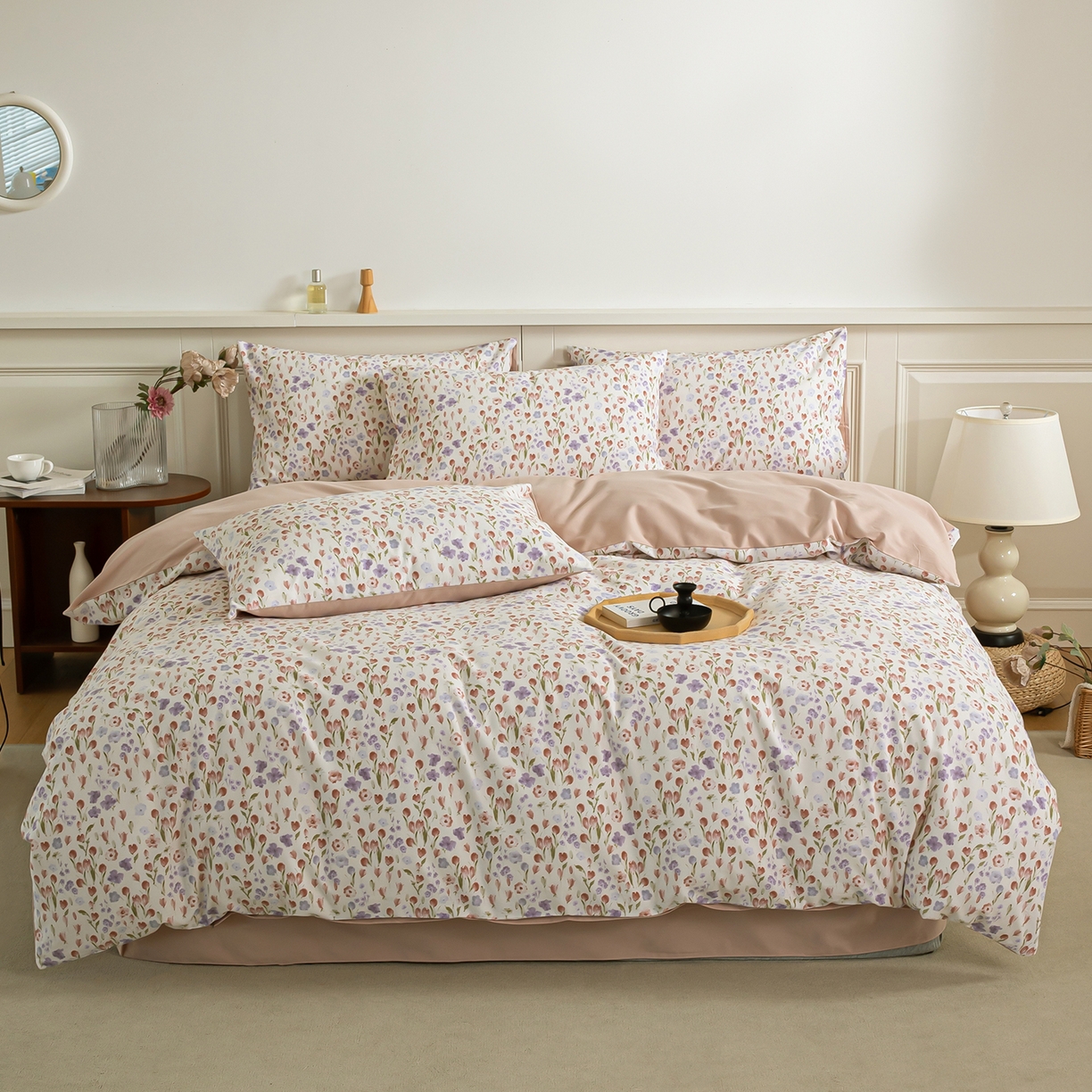 91家纺网 家纺一手货源 找家纺 绫韵家纺 2025秋冬新款印花全棉磨毛冬季加厚纯棉磨毛三件套四件套系列 邻家小院粉