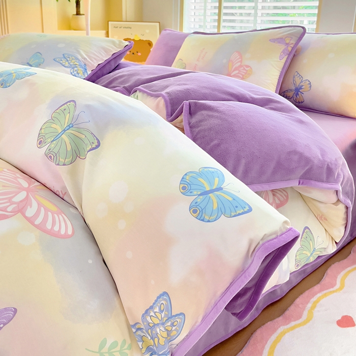 琪琪阁家纺 2025新款A类全棉纯棉加牛奶绒包边款单被套四件套 梦蝶