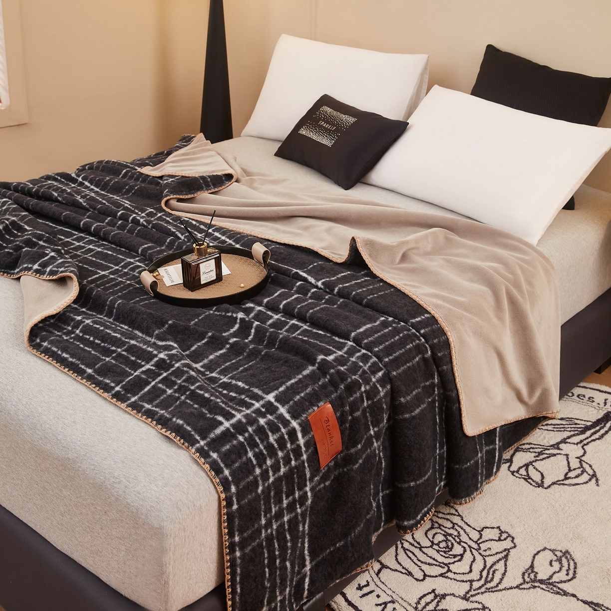 91家纺网 家纺一手货源 找家纺 肖恩毯业 2025新款仿羊绒毛毯羊驼绒绵羊绒毯 仿羊绒-宝莉黑白