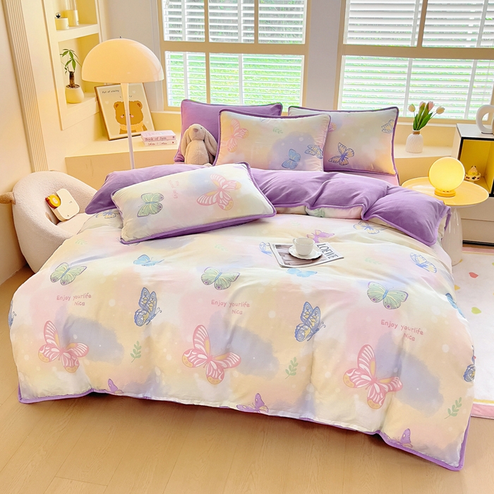 91家纺网 家纺一手货源 找家纺 琪琪阁家纺 2025新款A类全棉纯棉加牛奶绒包边款单被套四件套 梦蝶