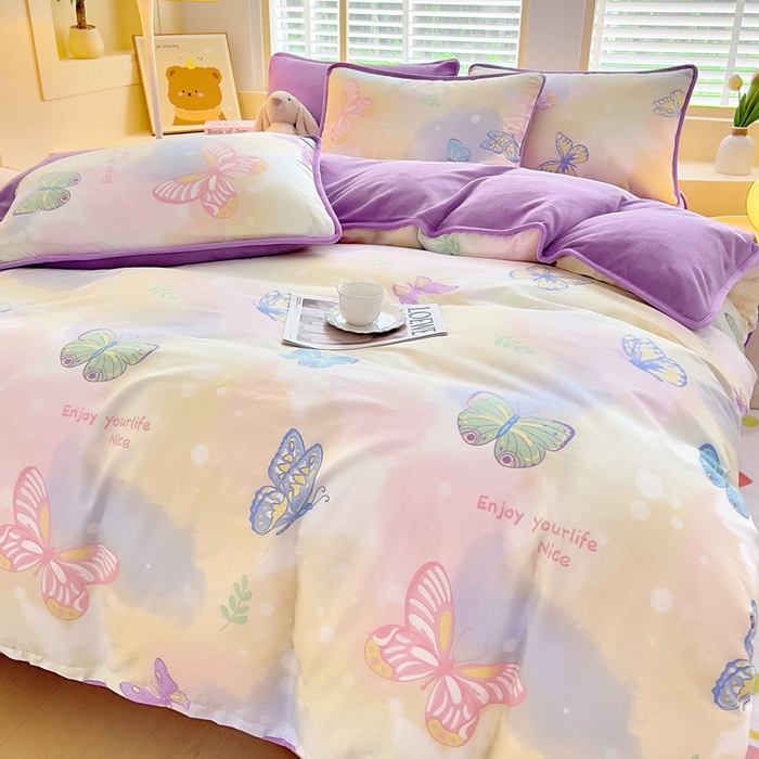 91家纺网 家纺一手货源 找家纺 琪琪阁家纺 2025新款A类全棉纯棉加牛奶绒包边款单被套四件套 梦蝶