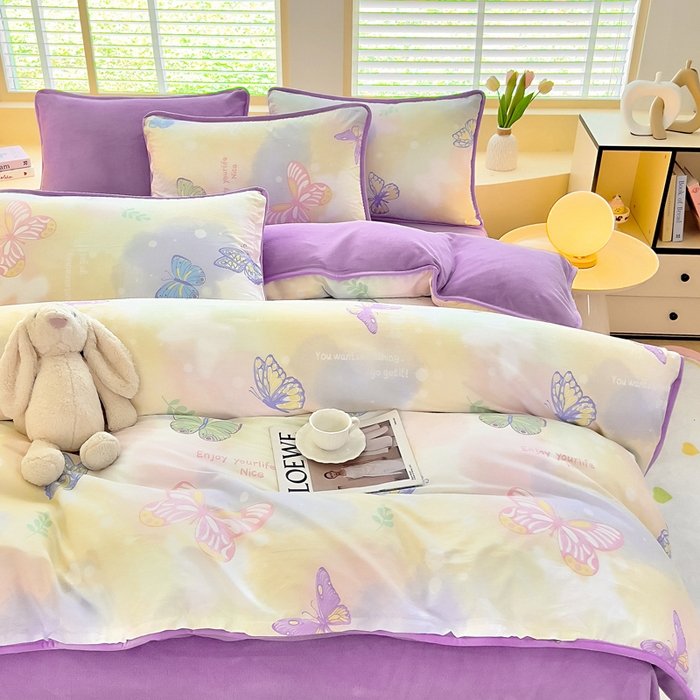 91家纺网 家纺一手货源 找家纺 琪琪阁家纺 2025新款A类全棉纯棉加牛奶绒包边款单被套四件套 梦蝶