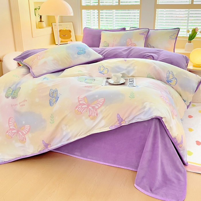 91家纺网 家纺一手货源 找家纺 琪琪阁家纺 2025新款A类全棉纯棉加牛奶绒包边款单被套四件套 梦蝶