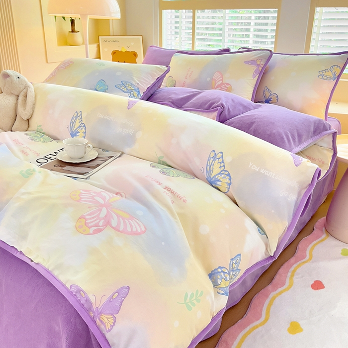 91家纺网 家纺一手货源 找家纺 琪琪阁家纺 2025新款A类全棉纯棉加牛奶绒包边款单被套四件套 梦蝶