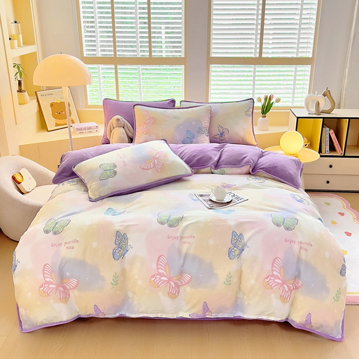 91家纺网 家纺一手货源 找家纺 琪琪阁家纺 2025新款A类全棉纯棉加牛奶绒包边款单被套四件套 梦蝶