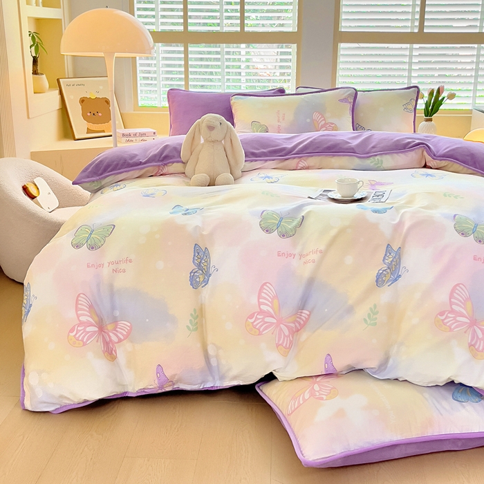 91家纺网 家纺一手货源 找家纺 琪琪阁家纺 2025新款A类全棉纯棉加牛奶绒包边款单被套四件套 梦蝶