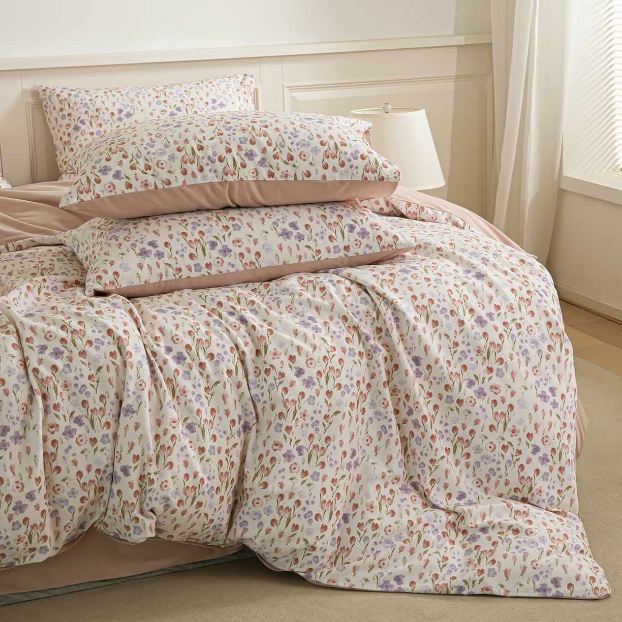 91家纺网 家纺一手货源 找家纺 绫韵家纺 2025秋冬新款印花全棉磨毛冬季加厚纯棉磨毛三件套四件套系列 邻家小院粉