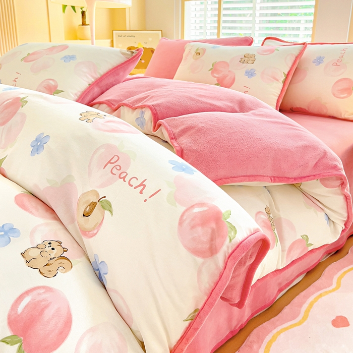 琪琪阁家纺 2025新款A类全棉纯棉加牛奶绒包边款单被套四件套 蜜桃松鼠