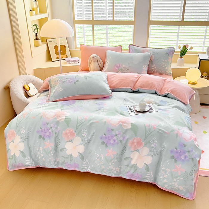 91家纺网 家纺一手货源 找家纺 琪琪阁家纺 2025新款A类全棉纯棉加牛奶绒包边款单被套四件套 清风烟雨