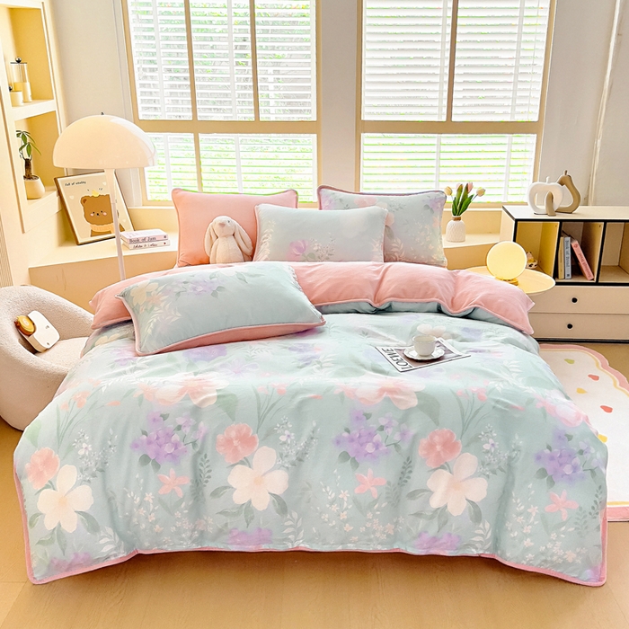 91家纺网 家纺一手货源 找家纺 琪琪阁家纺 2025新款A类全棉纯棉加牛奶绒包边款单被套四件套 清风烟雨