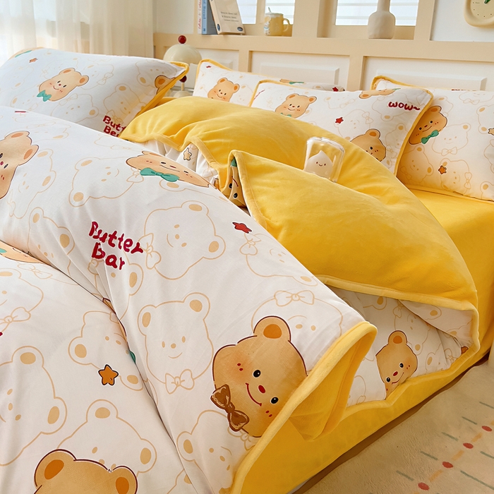 琪琪阁家纺 2025新款A类全棉纯棉加牛奶绒包边款单被套四件套 瑞迪熊