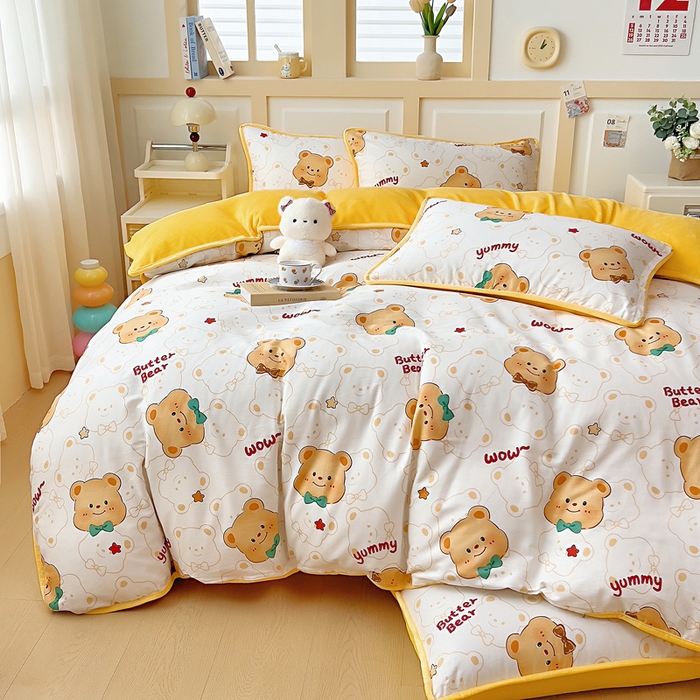 91家纺网 家纺一手货源 找家纺 琪琪阁家纺 2025新款A类全棉纯棉加牛奶绒包边款单被套四件套 瑞迪熊