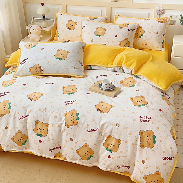 91家纺网 家纺一手货源 找家纺 琪琪阁家纺 2025新款A类全棉纯棉加牛奶绒包边款单被套四件套 瑞迪熊