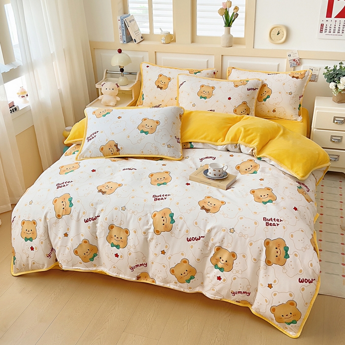 91家纺网 家纺一手货源 找家纺 琪琪阁家纺 2025新款A类全棉纯棉加牛奶绒包边款单被套四件套 瑞迪熊