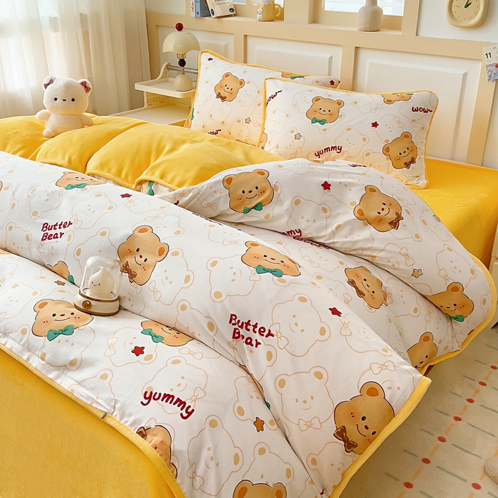 91家纺网 家纺一手货源 找家纺 琪琪阁家纺 2025新款A类全棉纯棉加牛奶绒包边款单被套四件套 瑞迪熊