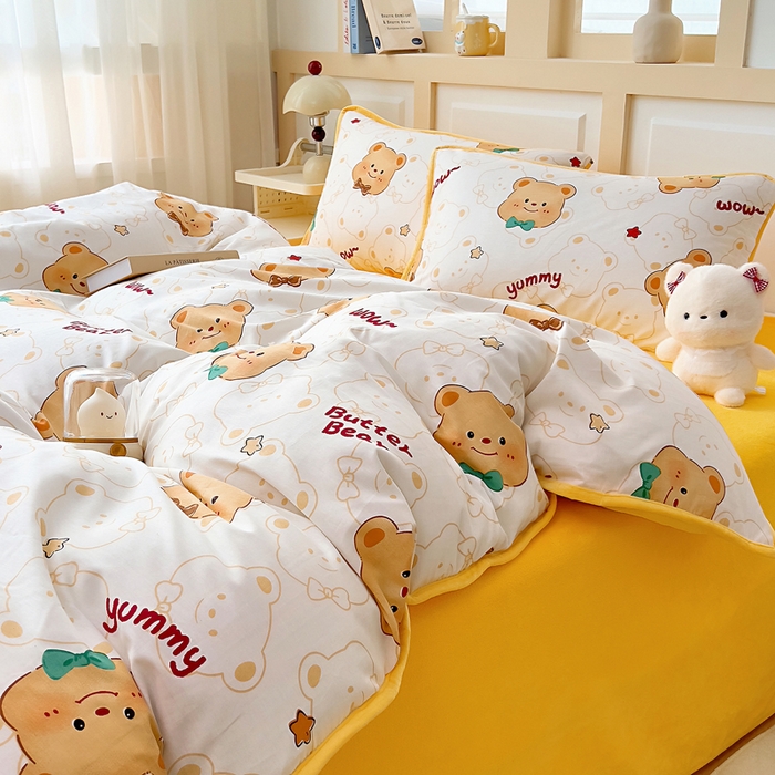 91家纺网 家纺一手货源 找家纺 琪琪阁家纺 2025新款A类全棉纯棉加牛奶绒包边款单被套四件套 瑞迪熊