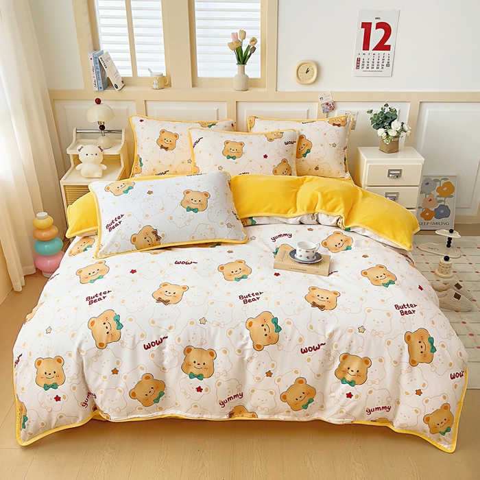 91家纺网 家纺一手货源 找家纺 琪琪阁家纺 2025新款A类全棉纯棉加牛奶绒包边款单被套四件套 瑞迪熊