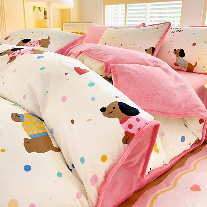 琪琪阁家纺 2025新款A类全棉纯棉加牛奶绒包边款单被套四件套 汪星人