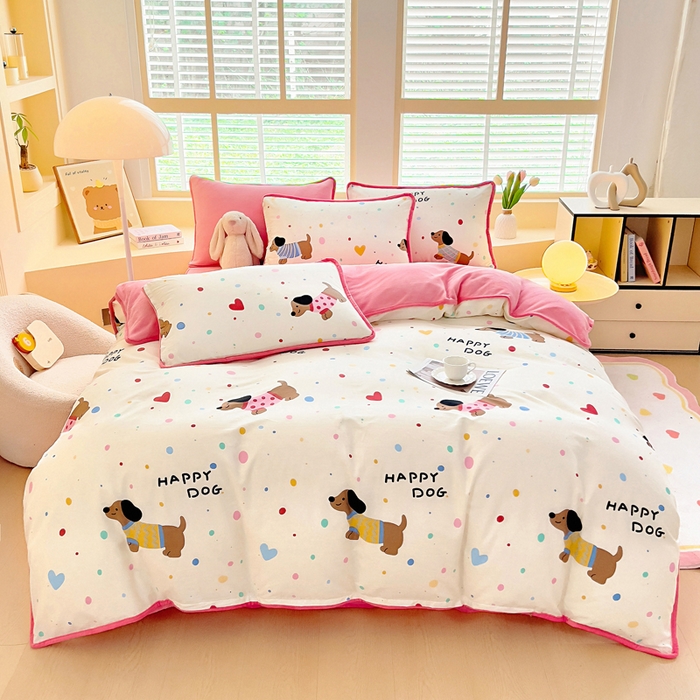 91家纺网 家纺一手货源 找家纺 琪琪阁家纺 2025新款A类全棉纯棉加牛奶绒包边款单被套四件套 汪星人