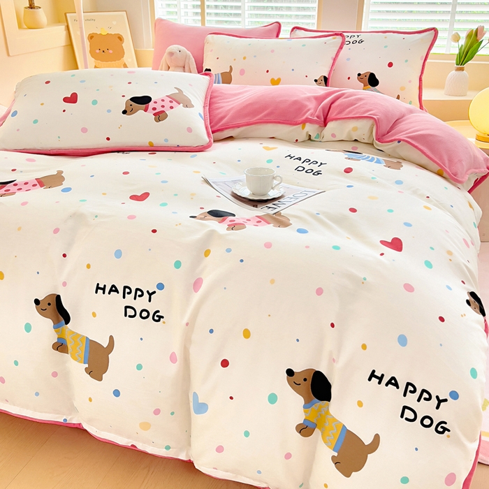 91家纺网 家纺一手货源 找家纺 琪琪阁家纺 2025新款A类全棉纯棉加牛奶绒包边款单被套四件套 汪星人