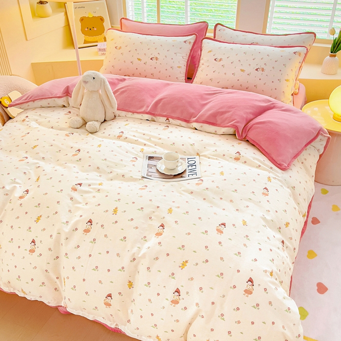 91家纺网 家纺一手货源 找家纺 琪琪阁家纺 2025新款A类全棉纯棉加牛奶绒包边款单被套四件套 小幸运