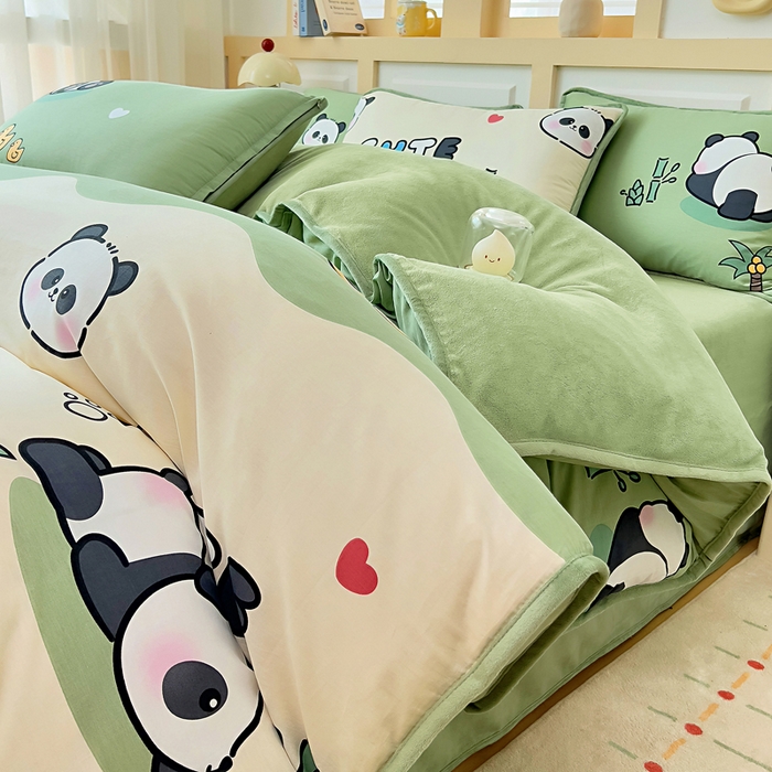 琪琪阁家纺 2025新款A类全棉纯棉加牛奶绒包边款单被套四件套 熊猫戏水