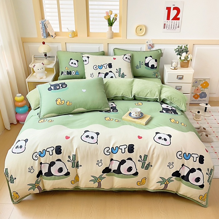 91家纺网 家纺一手货源 找家纺 琪琪阁家纺 2025新款A类全棉纯棉加牛奶绒包边款单被套四件套 熊猫戏水