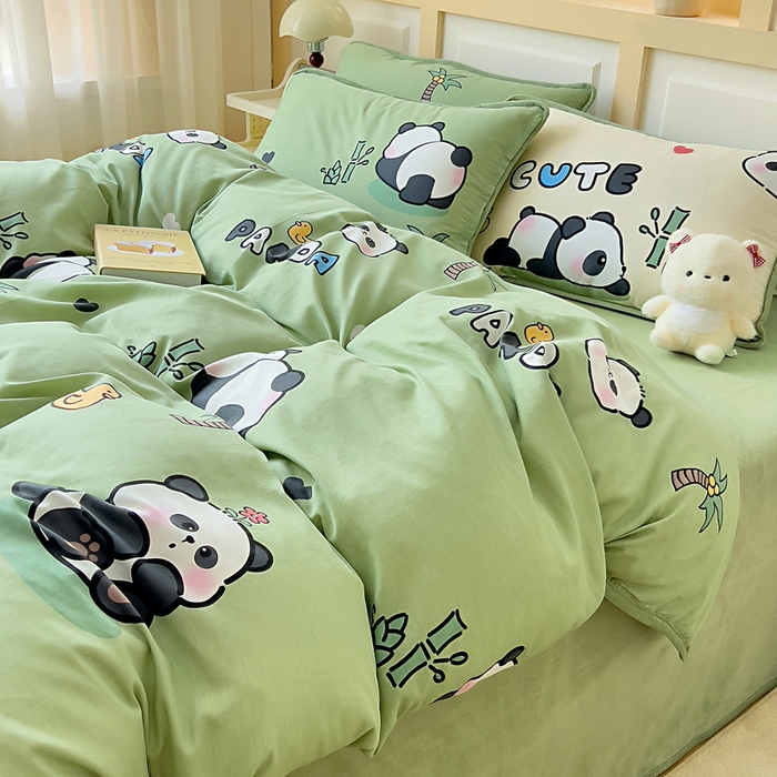 91家纺网 家纺一手货源 找家纺 琪琪阁家纺 2025新款A类全棉纯棉加牛奶绒包边款单被套四件套 熊猫戏水