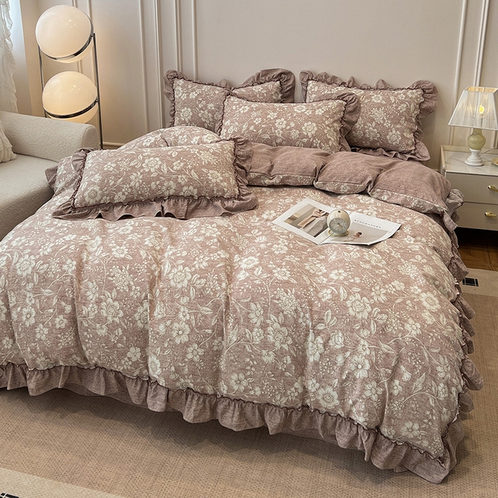 91家纺网 家纺一手货源 找家纺 （总）鑫利来家纺 2025新款加厚高克重亚麻复古原麻皱皱纱印花法式花边四件套