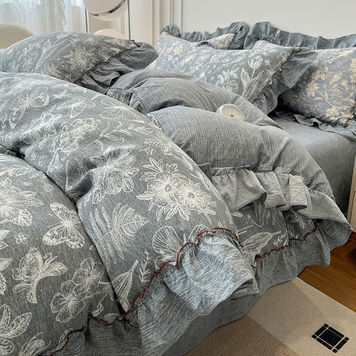 91家纺网 家纺一手货源 找家纺 （总）鑫利来家纺 2025新款加厚高克重亚麻复古原麻皱皱纱印花法式花边四件套