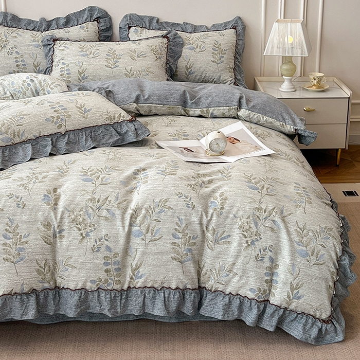 91家纺网 家纺一手货源 找家纺 鑫利来家纺 2025新款加厚高克重亚麻复古原麻皱皱纱印花法式花边四件套 香榭花园