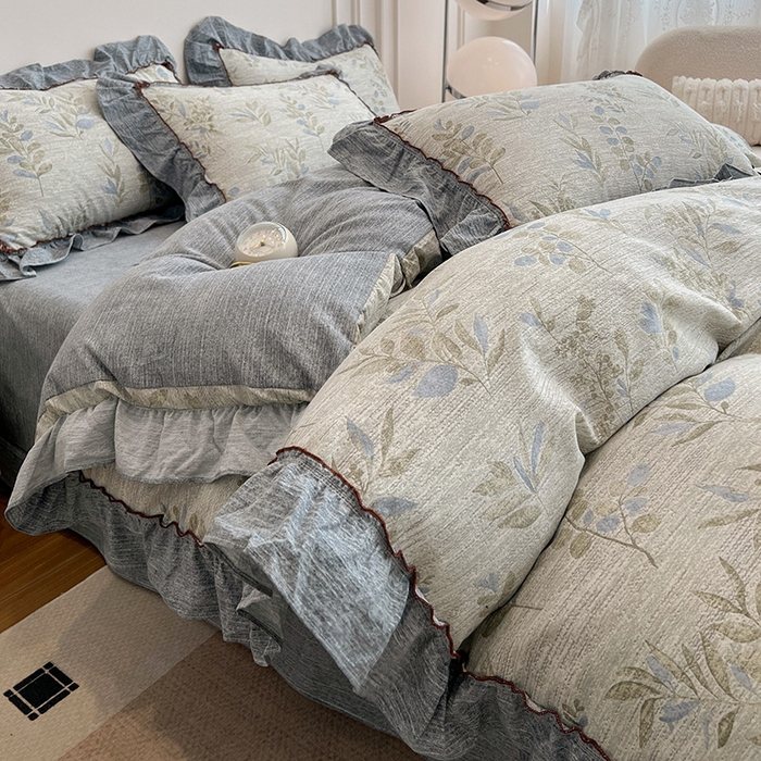 91家纺网 家纺一手货源 找家纺 鑫利来家纺 2025新款加厚高克重亚麻复古原麻皱皱纱印花法式花边四件套 香榭花园