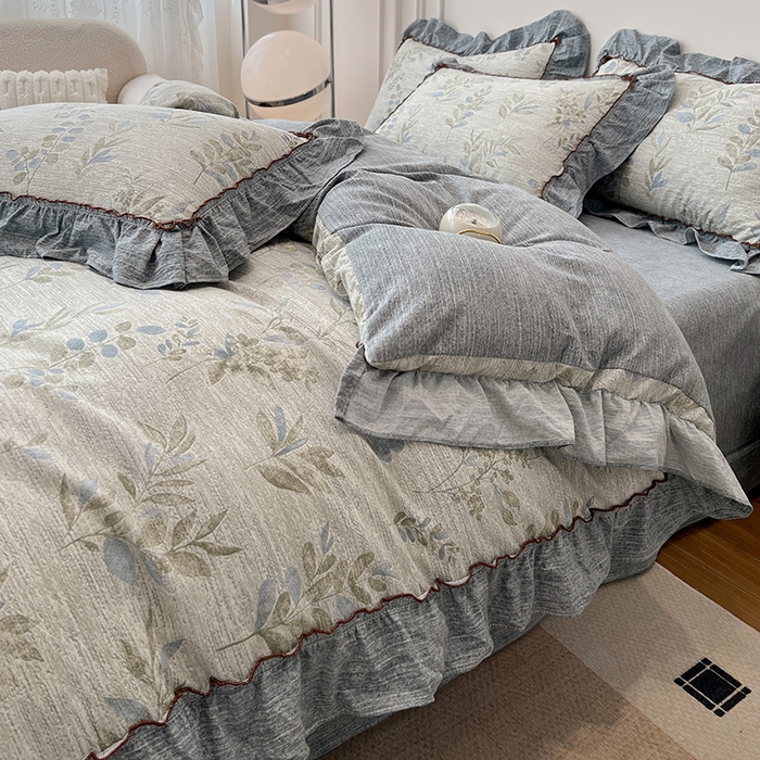 91家纺网 家纺一手货源 找家纺 鑫利来家纺 2025新款加厚高克重亚麻复古原麻皱皱纱印花法式花边四件套 香榭花园