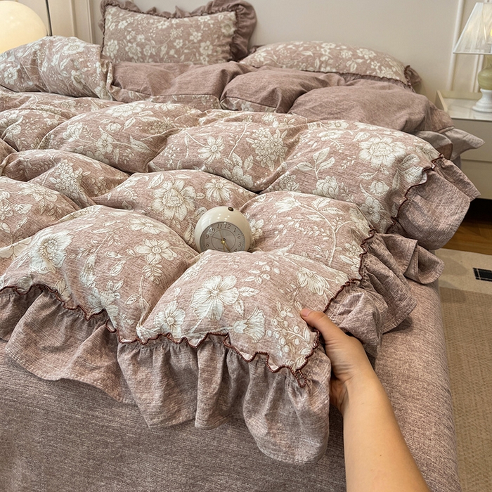 91家纺网 家纺一手货源 找家纺 （总）鑫利来家纺 2025新款加厚高克重亚麻复古原麻皱皱纱印花法式花边四件套