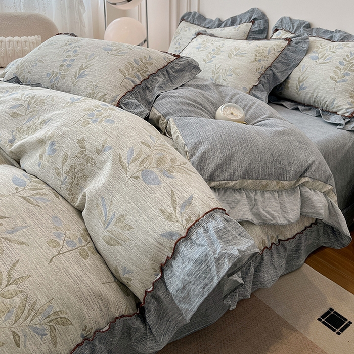 鑫利来家纺 2025新款加厚高克重亚麻复古原麻皱皱纱印花法式花边四件套 香榭花园