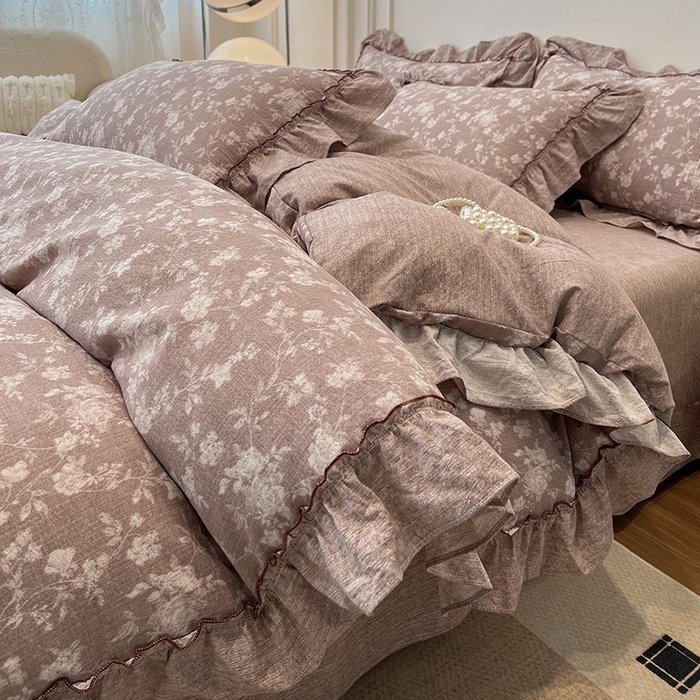 鑫利来家纺 2025新款加厚高克重亚麻复古原麻皱皱纱印花法式花边四件套 花颜