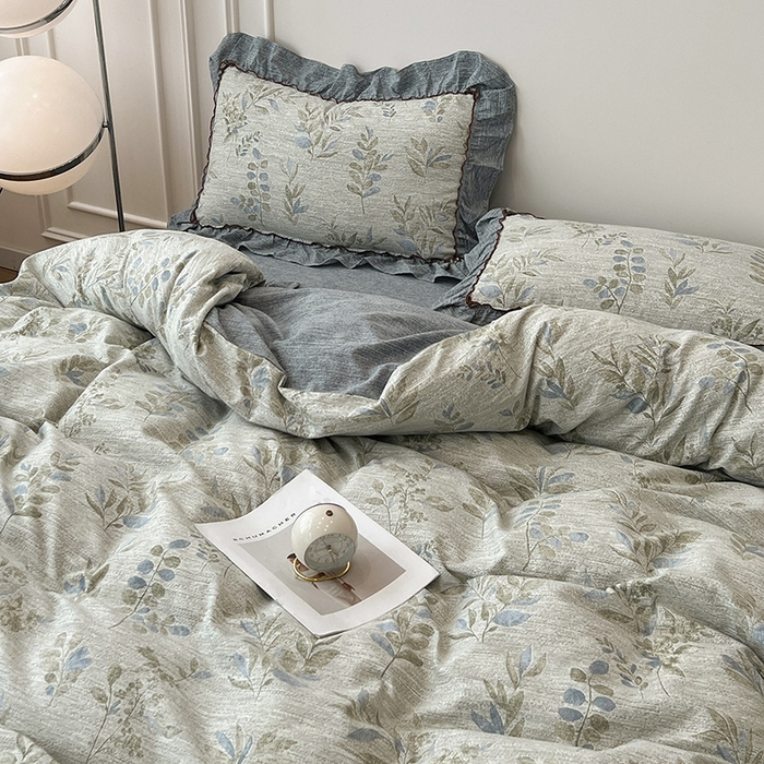 91家纺网 家纺一手货源 找家纺 鑫利来家纺 2025新款加厚高克重亚麻复古原麻皱皱纱印花法式花边四件套 香榭花园