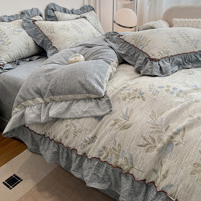 91家纺网 家纺一手货源 找家纺 鑫利来家纺 2025新款加厚高克重亚麻复古原麻皱皱纱印花法式花边四件套 香榭花园