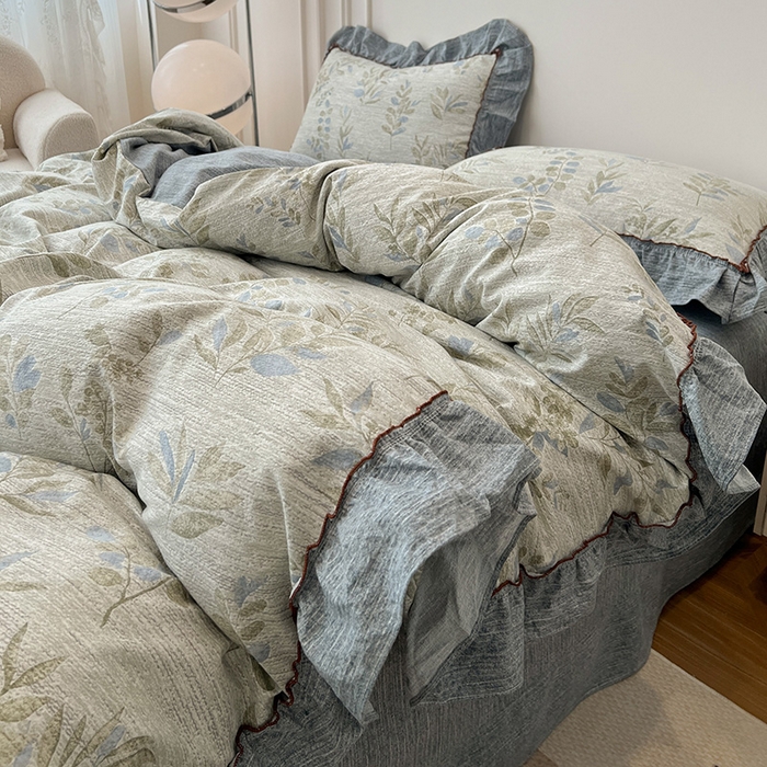 91家纺网 家纺一手货源 找家纺 鑫利来家纺 2025新款加厚高克重亚麻复古原麻皱皱纱印花法式花边四件套 香榭花园