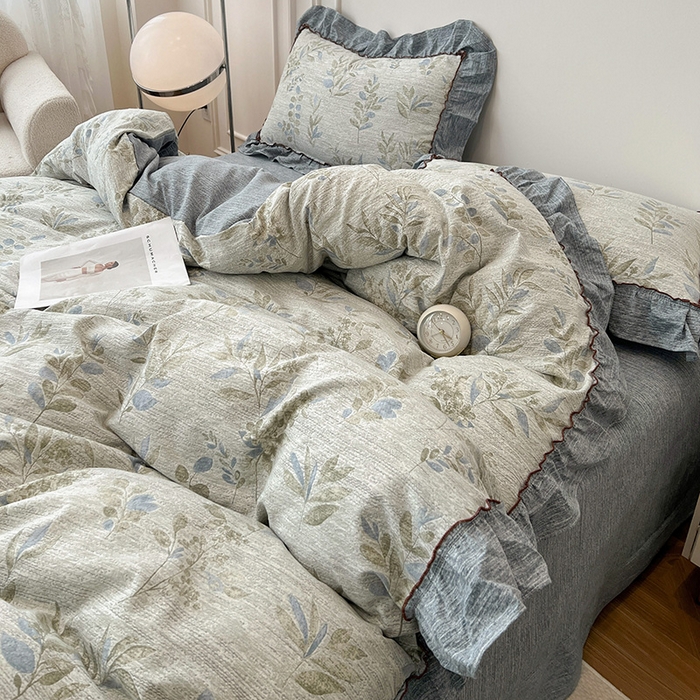 91家纺网 家纺一手货源 找家纺 鑫利来家纺 2025新款加厚高克重亚麻复古原麻皱皱纱印花法式花边四件套 香榭花园