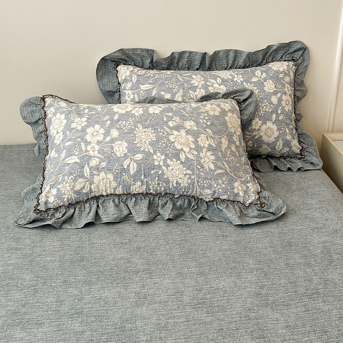 91家纺网 家纺一手货源 找家纺 鑫利来家纺 2025新款加厚高克重亚麻复古原麻皱皱纱印花法式花边四件套 满园花开