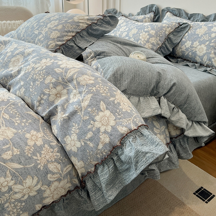 鑫利来家纺 2025新款加厚高克重亚麻复古原麻皱皱纱印花法式花边四件套 满园花开