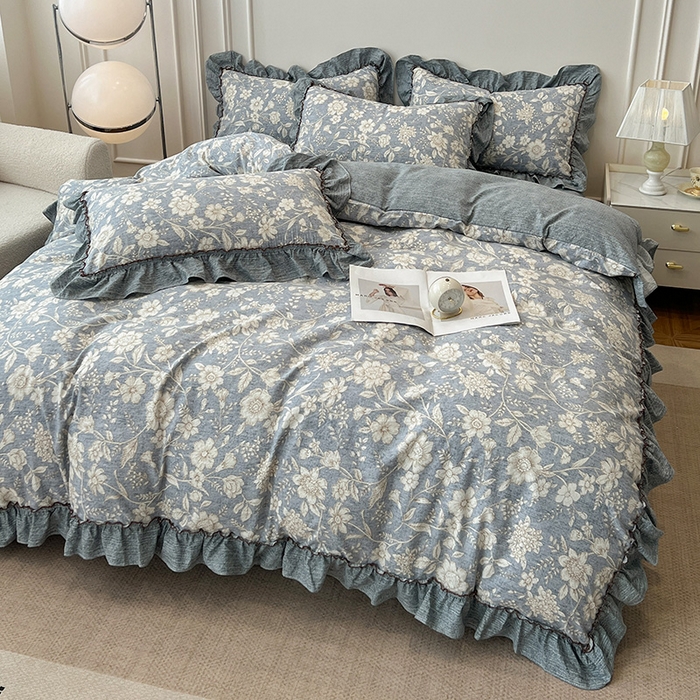 91家纺网 家纺一手货源 找家纺 鑫利来家纺 2025新款加厚高克重亚麻复古原麻皱皱纱印花法式花边四件套 满园花开