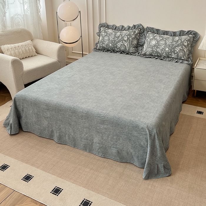 91家纺网 家纺一手货源 找家纺 鑫利来家纺 2025新款加厚高克重亚麻复古原麻皱皱纱印花法式花边四件套 蝶梦