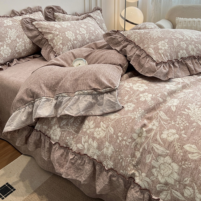 91家纺网 家纺一手货源 找家纺 鑫利来家纺 2025新款加厚高克重亚麻复古原麻皱皱纱印花法式花边四件套 爱丽丝