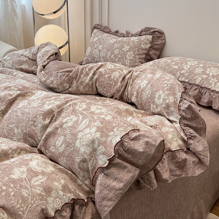 91家纺网 家纺一手货源 找家纺 鑫利来家纺 2025新款加厚高克重亚麻复古原麻皱皱纱印花法式花边四件套 爱丽丝