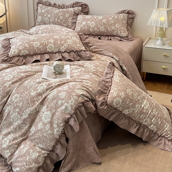 91家纺网 家纺一手货源 找家纺 鑫利来家纺 2025新款加厚高克重亚麻复古原麻皱皱纱印花法式花边四件套 爱丽丝